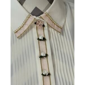 Vtg KORET Cream Blouse Tuxedo Pleat Rose Buttons Pink Gold Trim Romantic XL